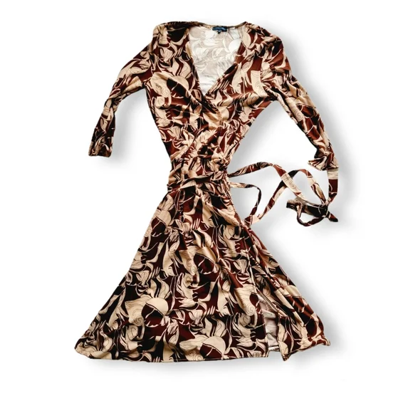 Vintage Y2k, Small, Decjuba, brown + cream, long-sleeve, knee length, wrap dress - Picture 7 of 7